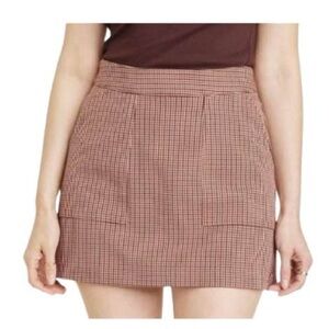 NEW A New Day Brown and Burgundy Plaid Mini Skirt with Front Pockets